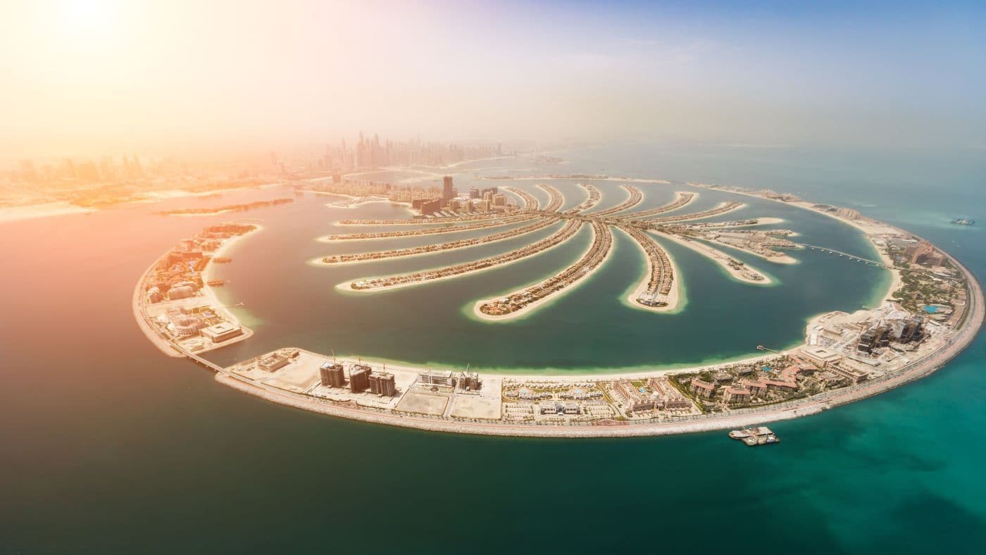 Aerial view of artificial palm island in Dubai