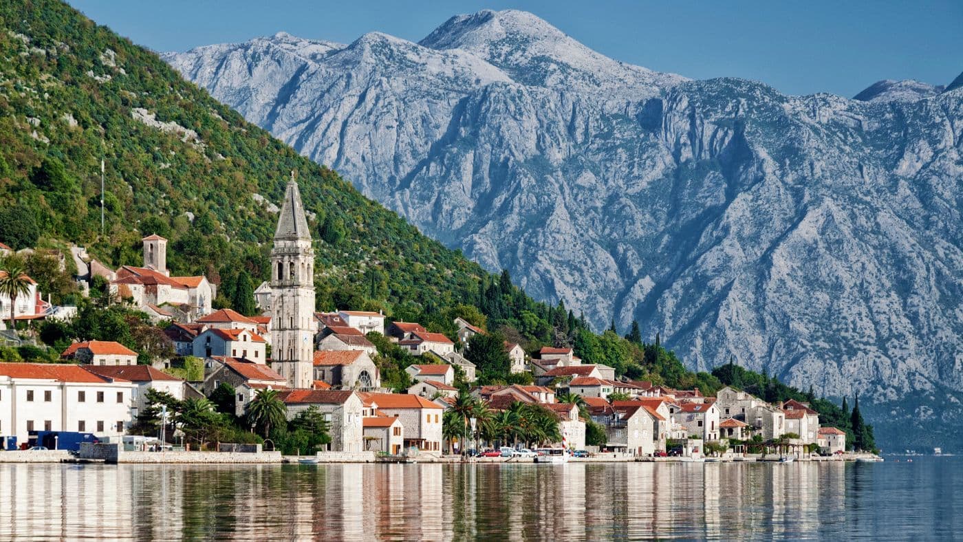 perast traditional balkan village mountain landscape by kotor bay montenegro
