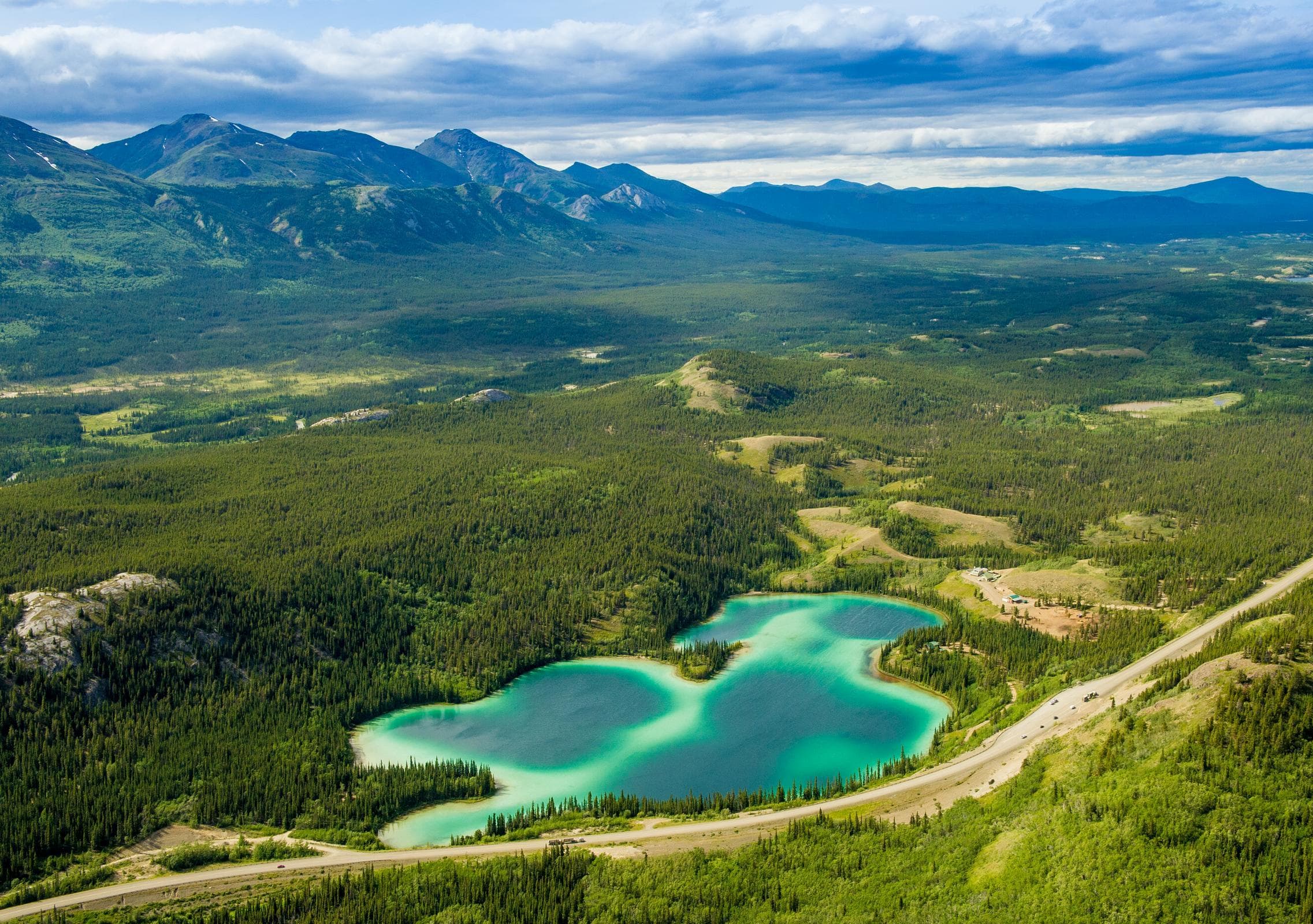 Aerial view of Emerald Lake and the South Klondike Highway near Carcross.